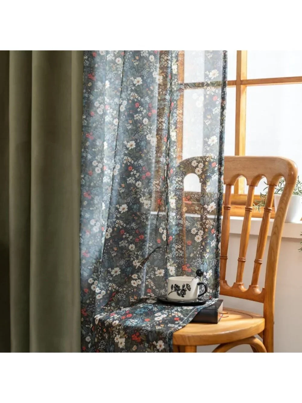 Floral & Velvet Mix Curtains Set - 4 Panels Grommet Drapes for Living